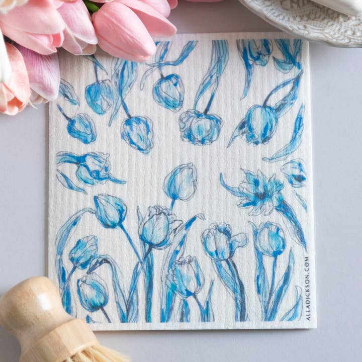 Blå blomstermønster Opvaskeklud Tulip Genanvendelig karklud for engroshandel hos Alla Dickson Art