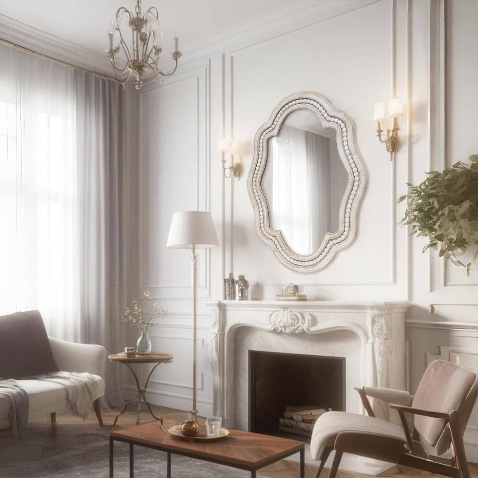 Paris Loft Inc - Vendita all'ingrosso Specchi da parete - Specchio da parete in legno smerlato imbiancato con perline, altezza 27,125 pollici1