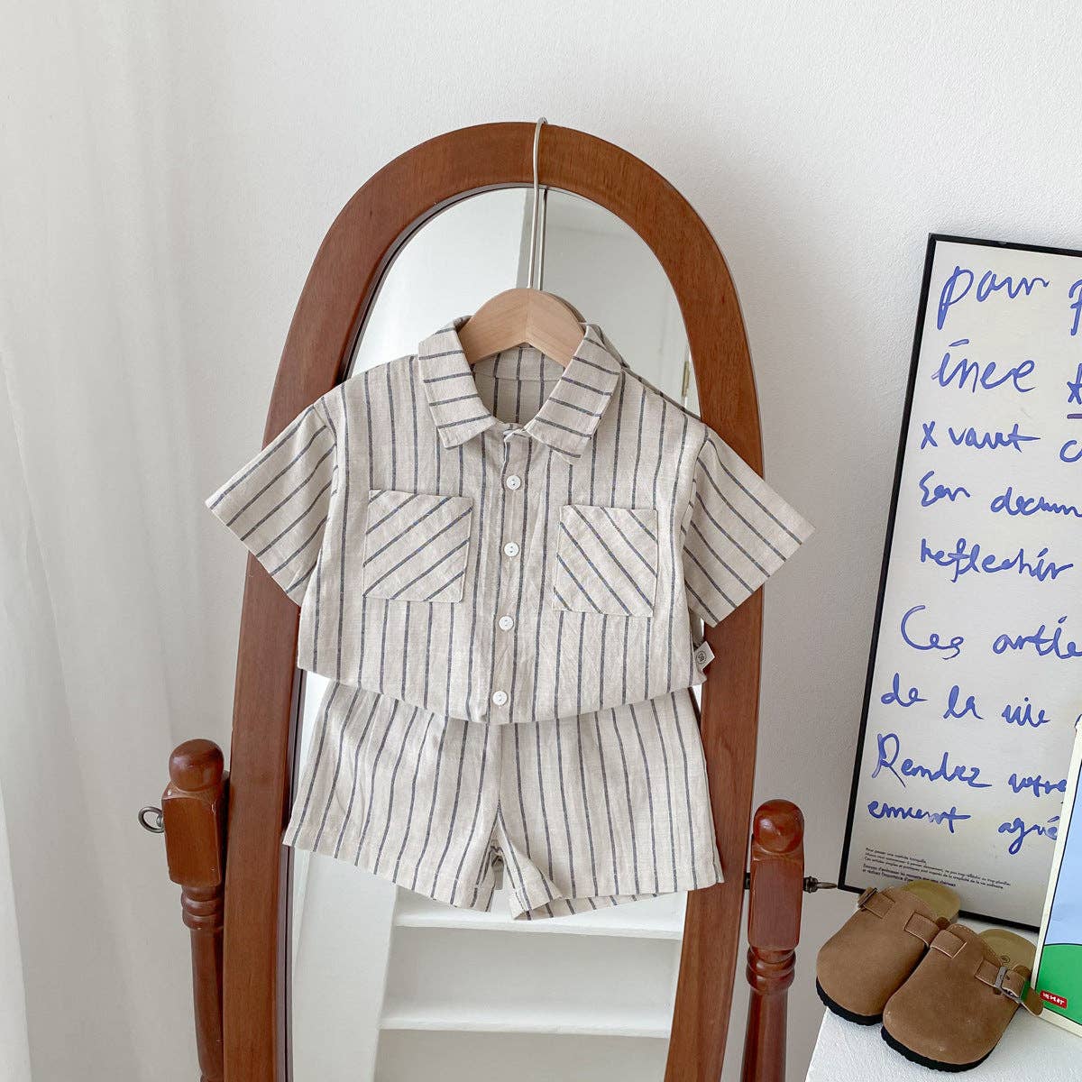 Khaki Spring Baby Kids Unisex Striped Top Shirt And Shorts Clothing Set for wholesale on Faire1
