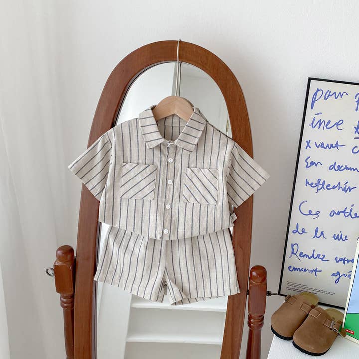 Khaki Spring Baby Kids Unisex Striped Top Shirt And Shorts Clothing Set for wholesale on Faire1