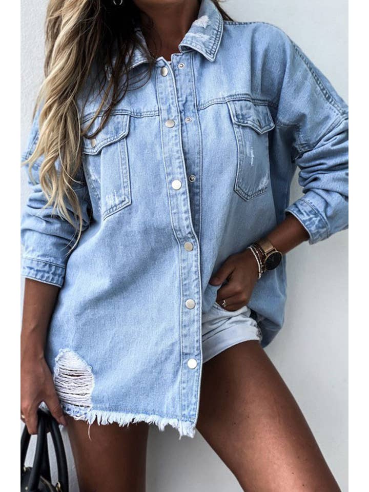 UNISHE - Venta al por mayor Sobrecamisa - Mujer - Chaqueta vaquera rasgada con dobladillo crudo TOPW4314