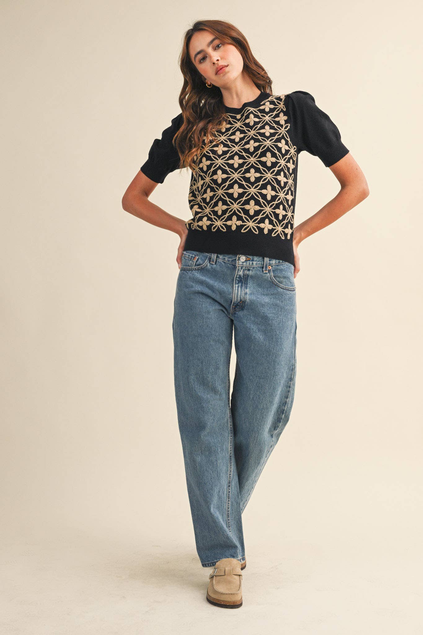 &MERCI - Wholesale Knit Sweater - Women's - SHORT PUFF SLEEVE EMBROIDERY FRONT SWEATER MSW1083210