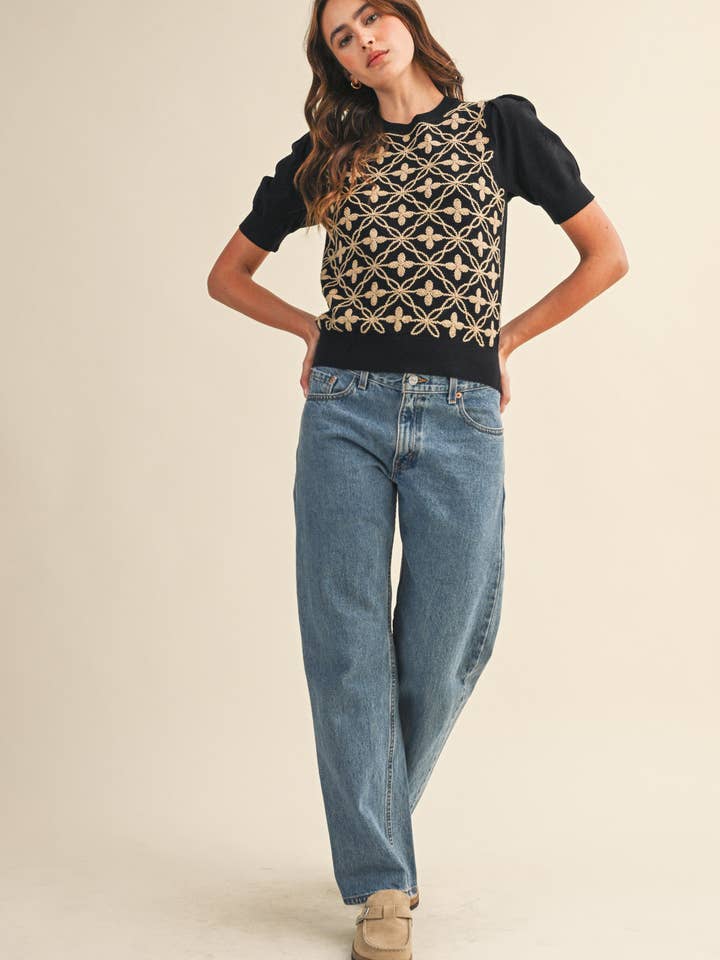 &MERCI - Wholesale Knit Sweater - Women's - SHORT PUFF SLEEVE EMBROIDERY FRONT SWEATER MSW1083234