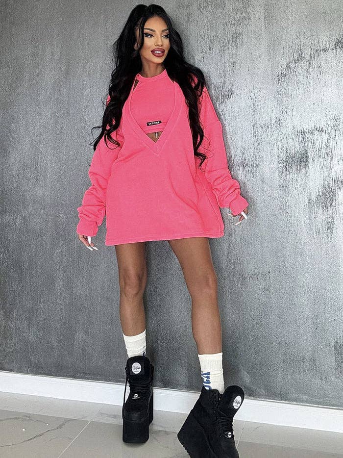 KAKI Completo due pezzi: mini abito e top smanicato a girocollo in tinta unita, vestibilità ampia in vendita all'ingrosso su Faire9