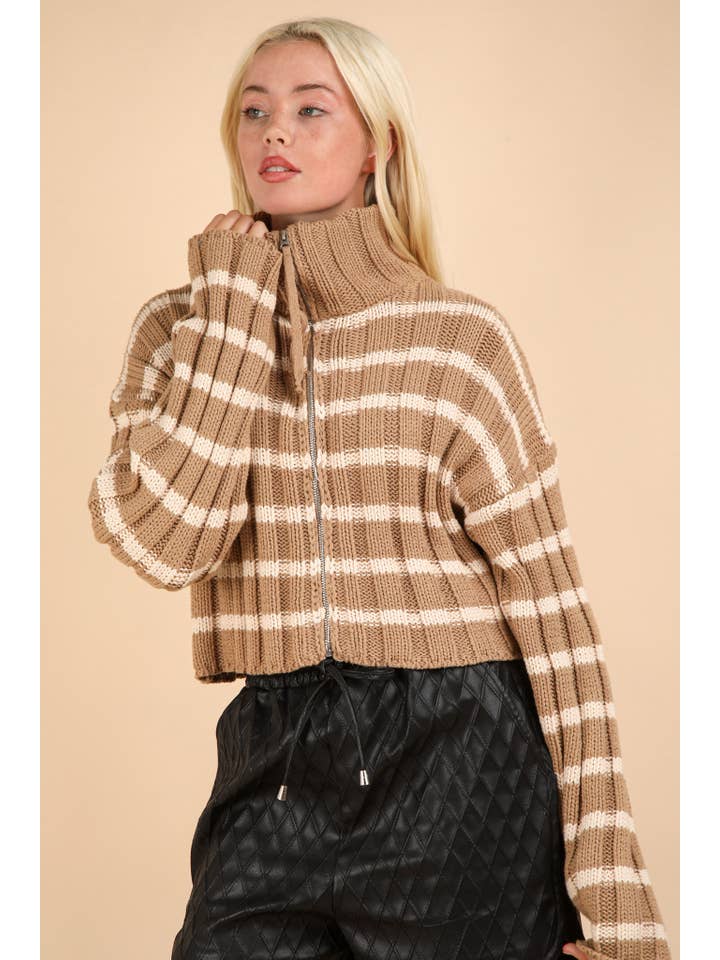 VERY J - Wholesale Cardigan - Women's - 12W3212N-Mock Neck Zipper Stripe Knit Sweater Cardigan