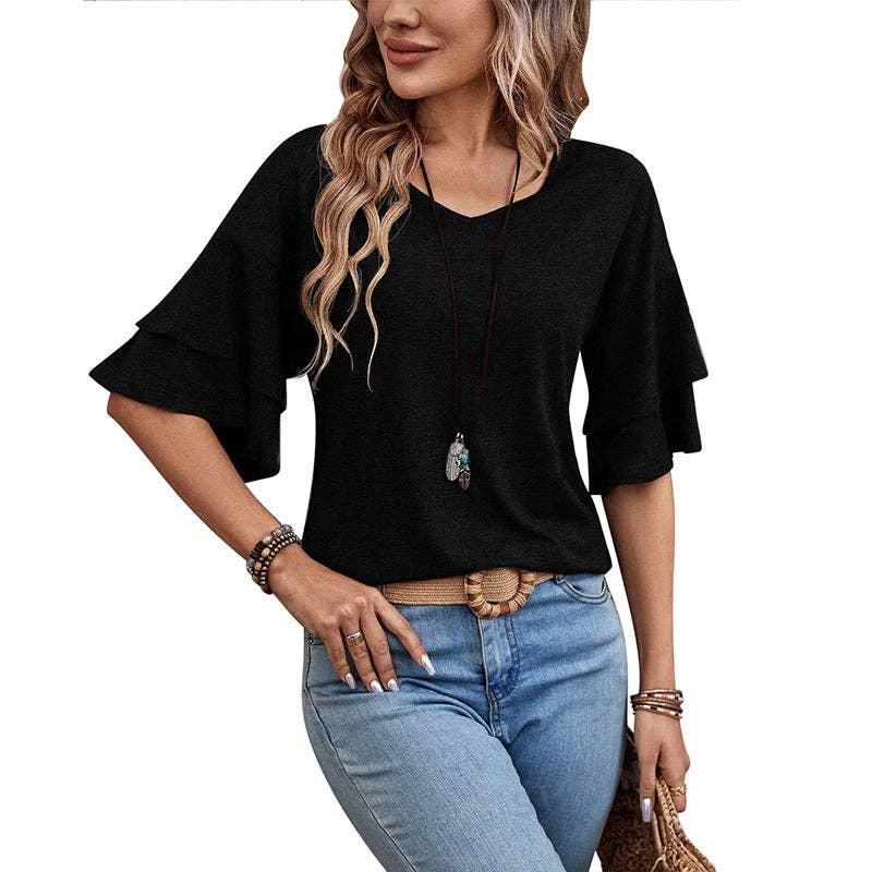 Suhkasana - Wholesale Blouse - Women's - Women's V-Neck Flutter Sleeve Top – Casual Summer T-Shirt2