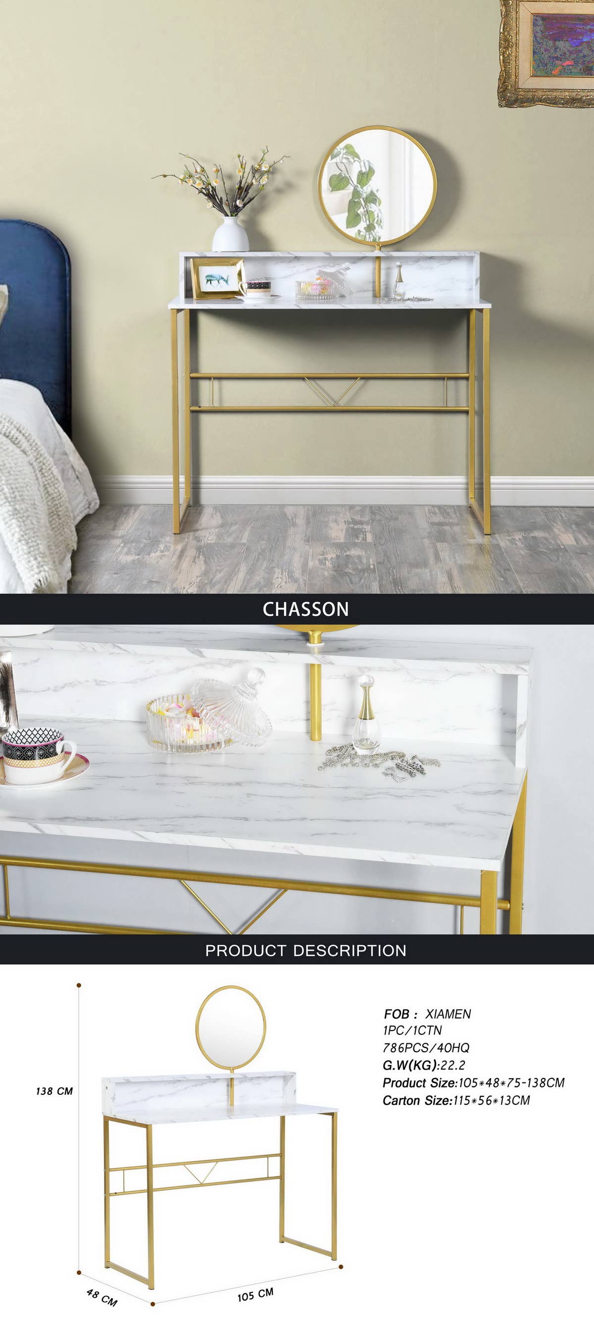 39F Inc. - Wholesale Vanity Mirror - Modern Vanity Desk with Gold Frame and Marble Top6