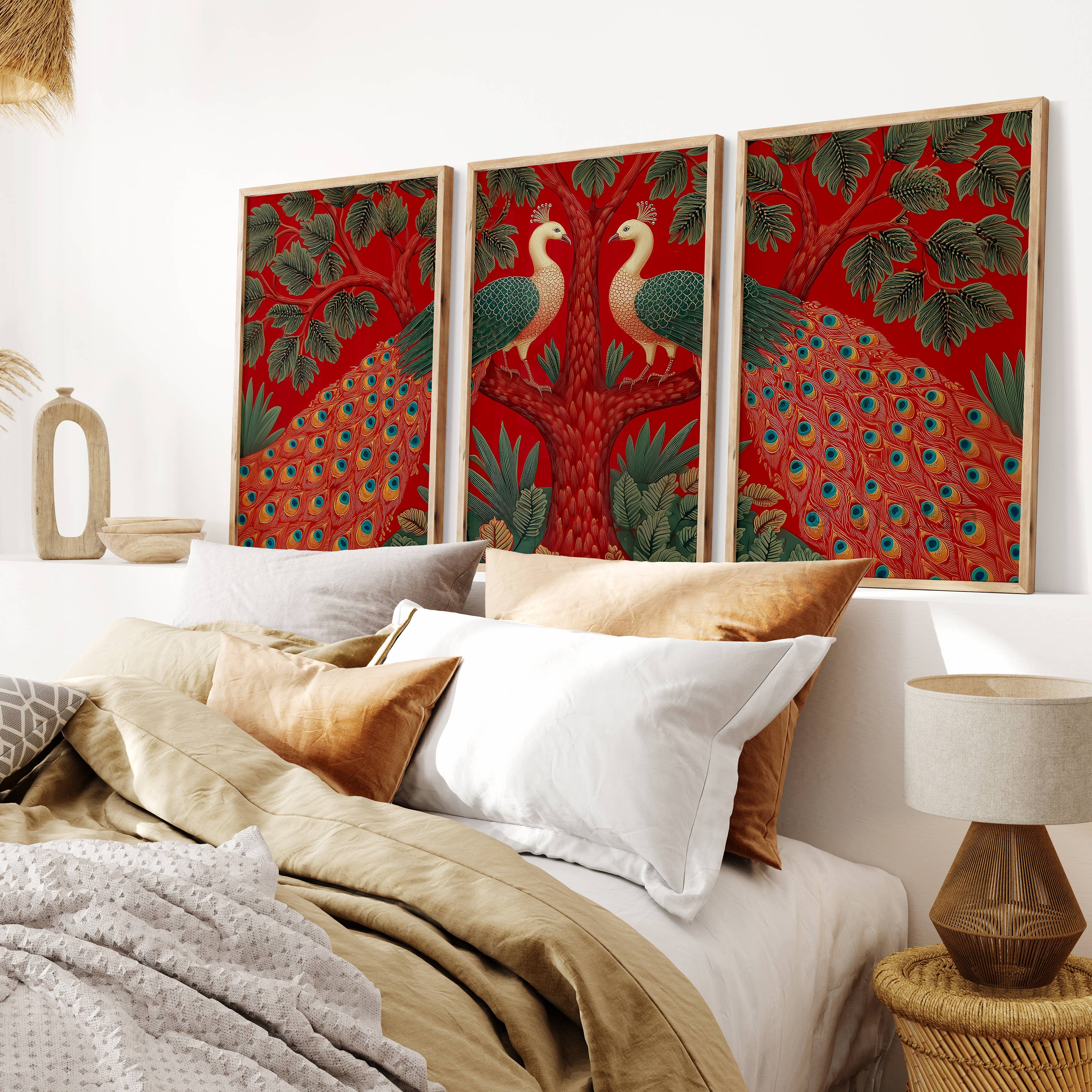 IuliiaArtPrints – wholesale Konsttryck – Indisk påfågelväggkonst – Röd triptyk Pichwai-stil fåglar1