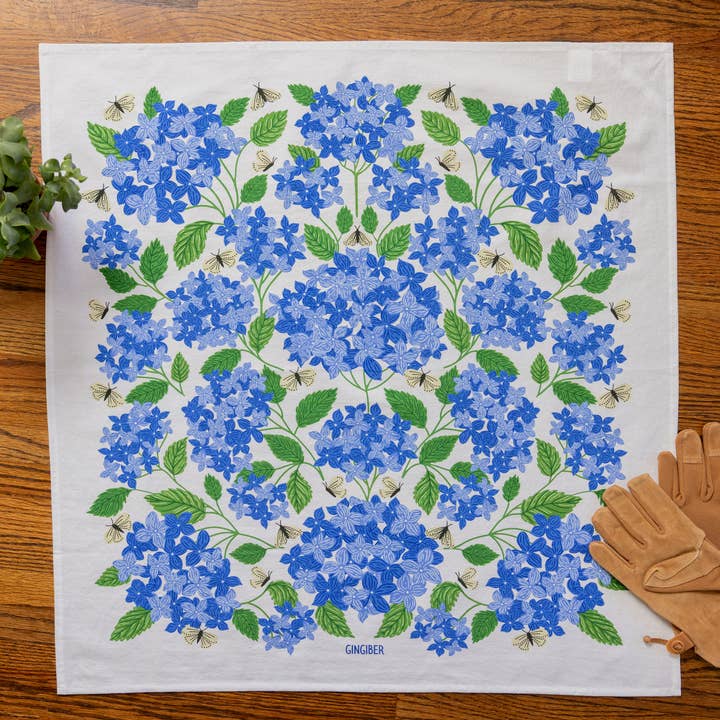 Blue Hydrangeas Tea Towel – Floral Kitchen Decor for wholesale by Gingiber