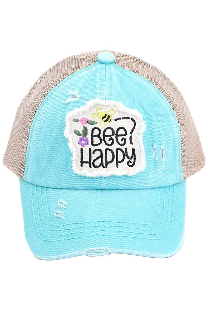 Hana - Wholesale Baseball Cap - Kids - C.C Kids Distressed Bee Happy Patch Pony Cap1