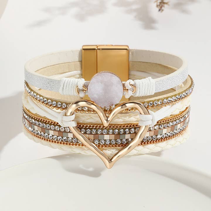 Multi-Layered Rough Stone Love Winding Leather Bracelet for wholesale by MKS America