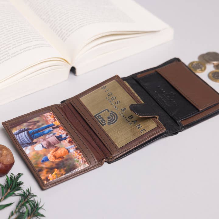 Biggs & Bane Men's Trifold Black & Dark Brown Leather Wallet for wholesale by Redbrick