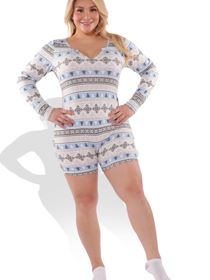Womens Plus Size Holiday Print Fleece Lined Romper Onesie for wholesale by REDFINCH APPAREL INC