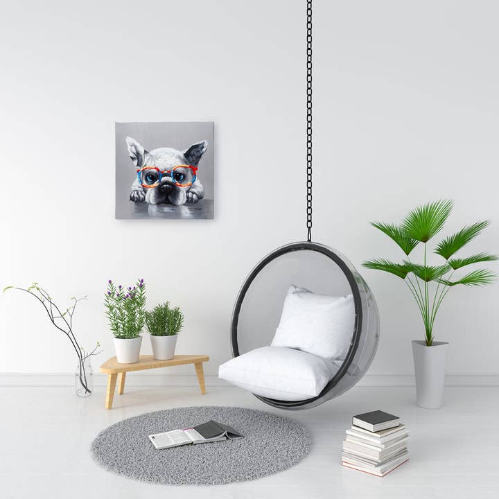 Fun Animal Art – wholesale Målning/Teckning – Söt fransk bulldog med glasögon | Handmålad olja på duk | Olika storlekar | Inramad