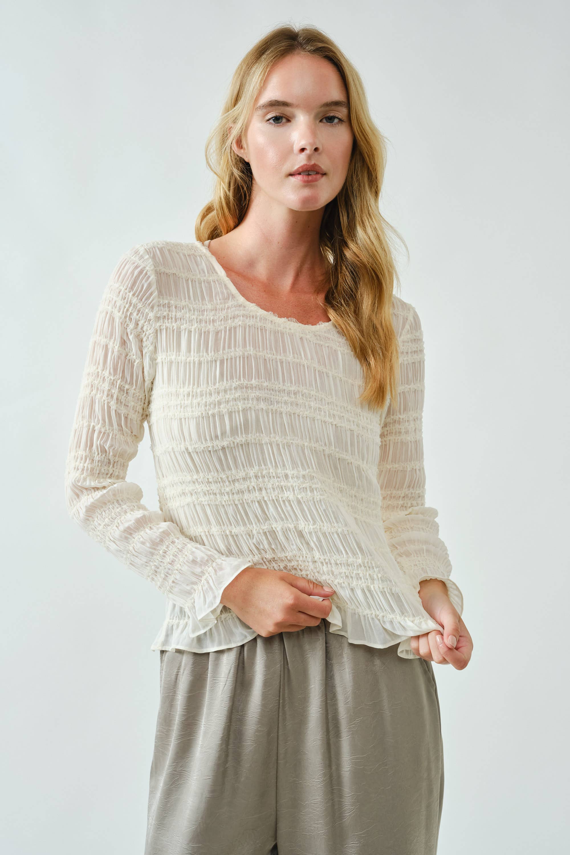 Aaron & Amber - Wholesale Knit Top - Women's - AJT5432 LACE DETAIL SHEER SMOCKING TOP17