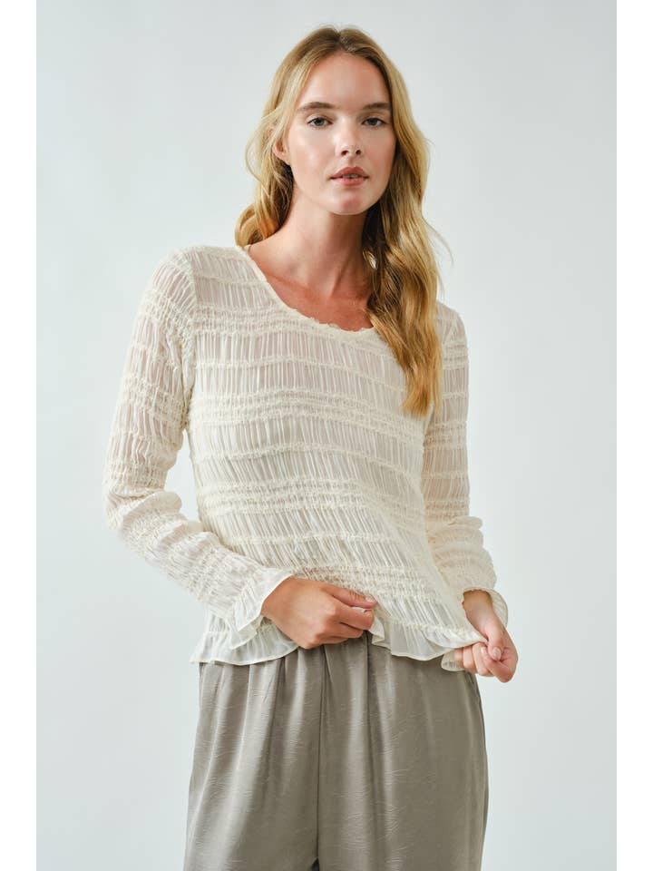 Aaron & Amber - Wholesale Knit Top - Women's - AJT5432 LACE DETAIL SHEER SMOCKING TOP17