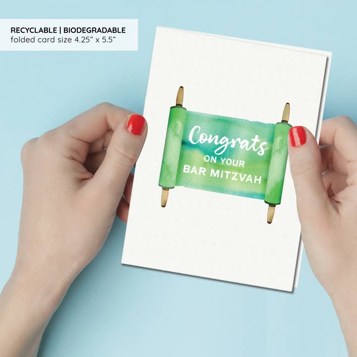 Gina Maher | Watercolor - Venta al por mayor Tarjetas de bar mitzvá o bat mitzvá - Tarjetas de Bar Mitzvá con forma de rollo de Torá | Tarjetas de Bar Mitzvá modernas