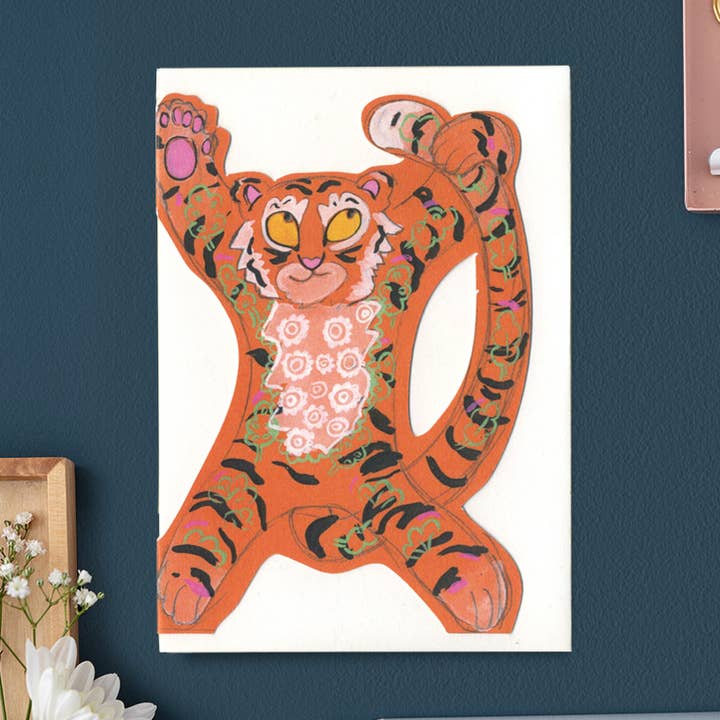 Tiger doing a star jump - Die Cut Greetings Card for wholesale by The DM Collection ( We cover US import Duties)