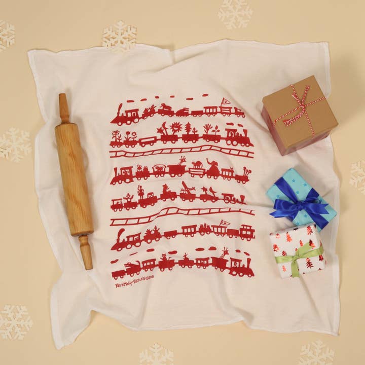 Flour Sack Dish Towel - Toy Train for wholesale by Kei & Molly Textiles, LLC