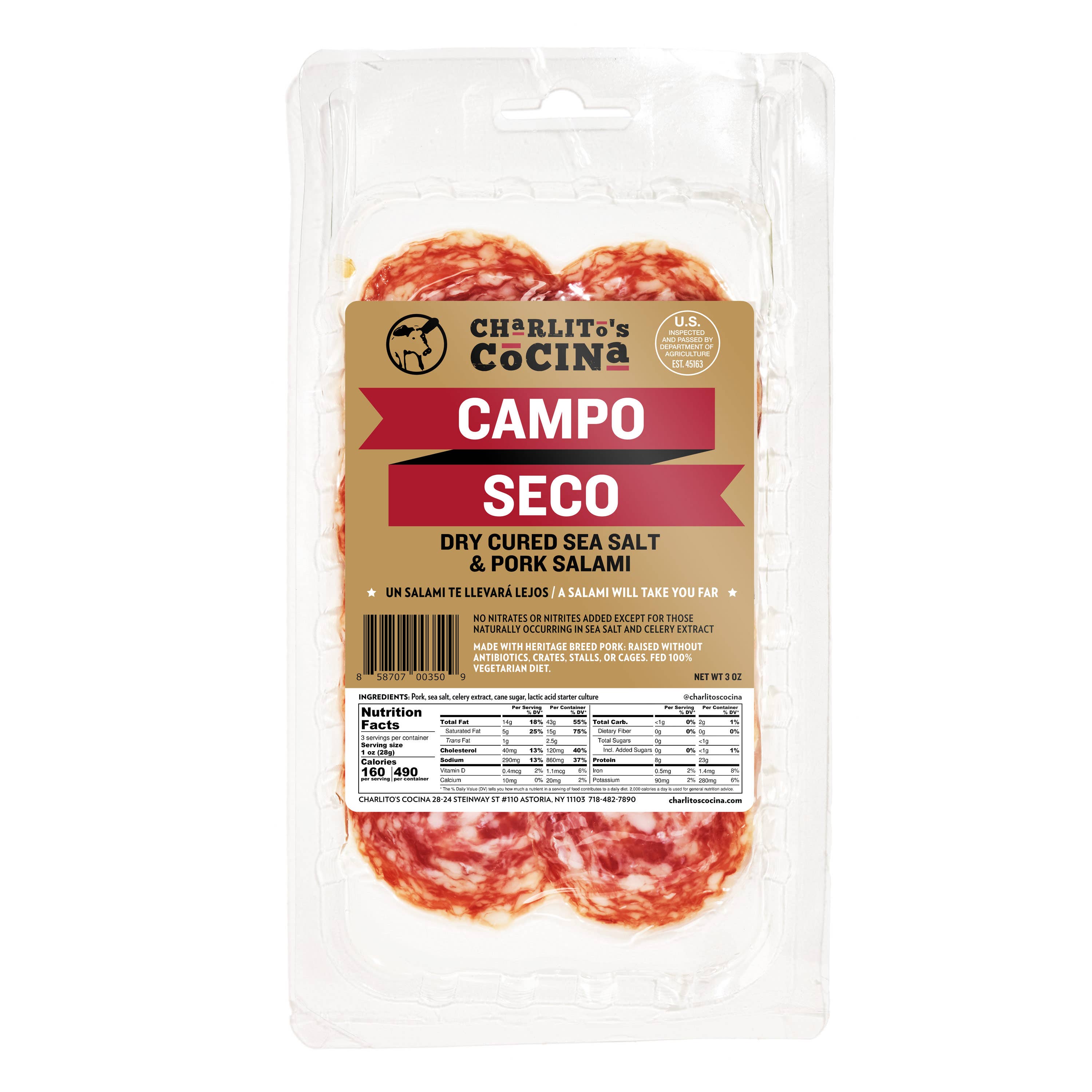 Charlito's Cocina – wholesale Salami – Campo Seco - Slow Cured Sea Salt and Pork Salami  Pre-Sliced1