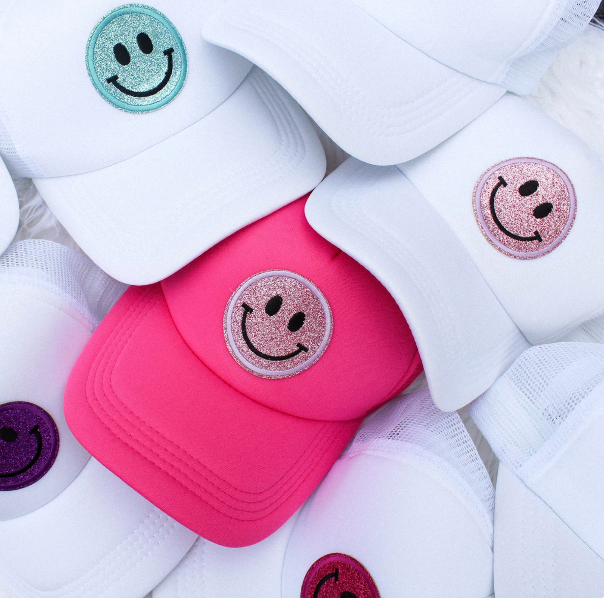 Electric Feels Company - Wholesale Trucker Hat - Women's - Glitter Smiley Face Trucker Hat | Summer Hat1