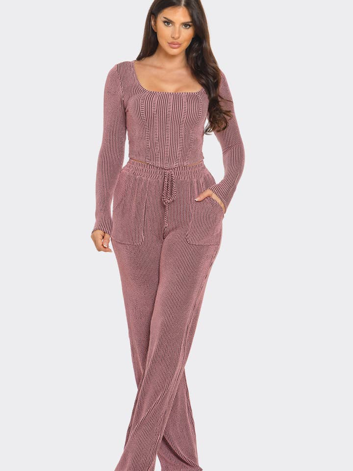 Julia by LoveJ - Wholesale Lounge Set - Women's - Prime Rib Striped Pattern Top And Pants Set