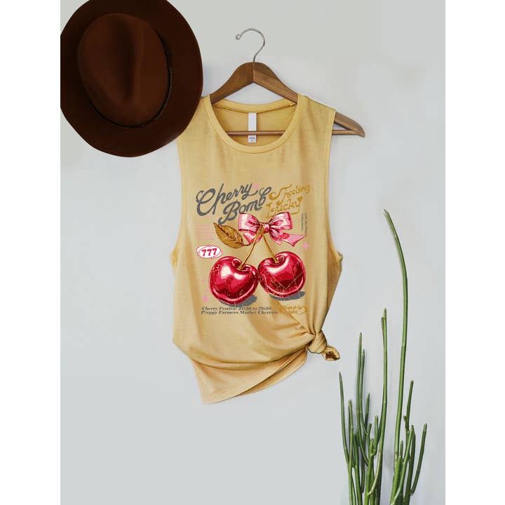 Cherry Ribbon Stem Fruit Graphic Women's Jersey Tank Top for wholesale by PINK NABI