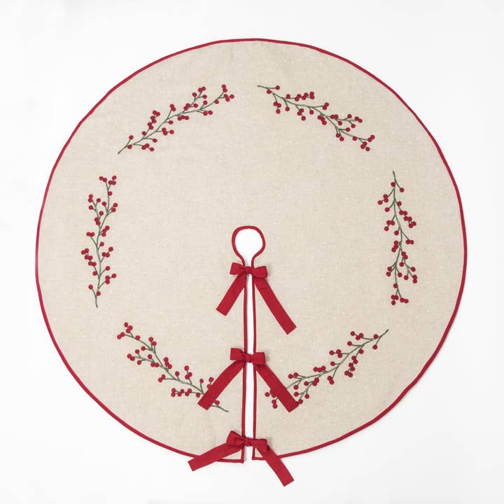 Xia Home Fashions & Manor Luxe - Wholesale Tablecloth - Holly Berry Branch Crewel Embroidered Treeskirt 56" Round0