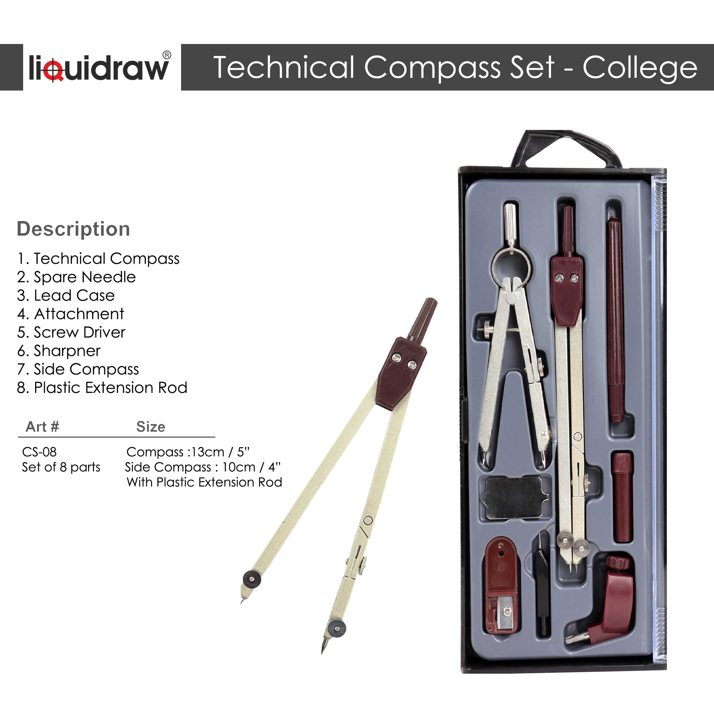 Liquidraw - Wholesale Navigational Compass - Liquidraw Compass Set Technical Drawing Professional Set Of 8 Geometry Set Math Drafting Metal Compass With Spring Bow Head Dividers Circle Drawing Tools School, Engineering, Architecture, Woodworking1