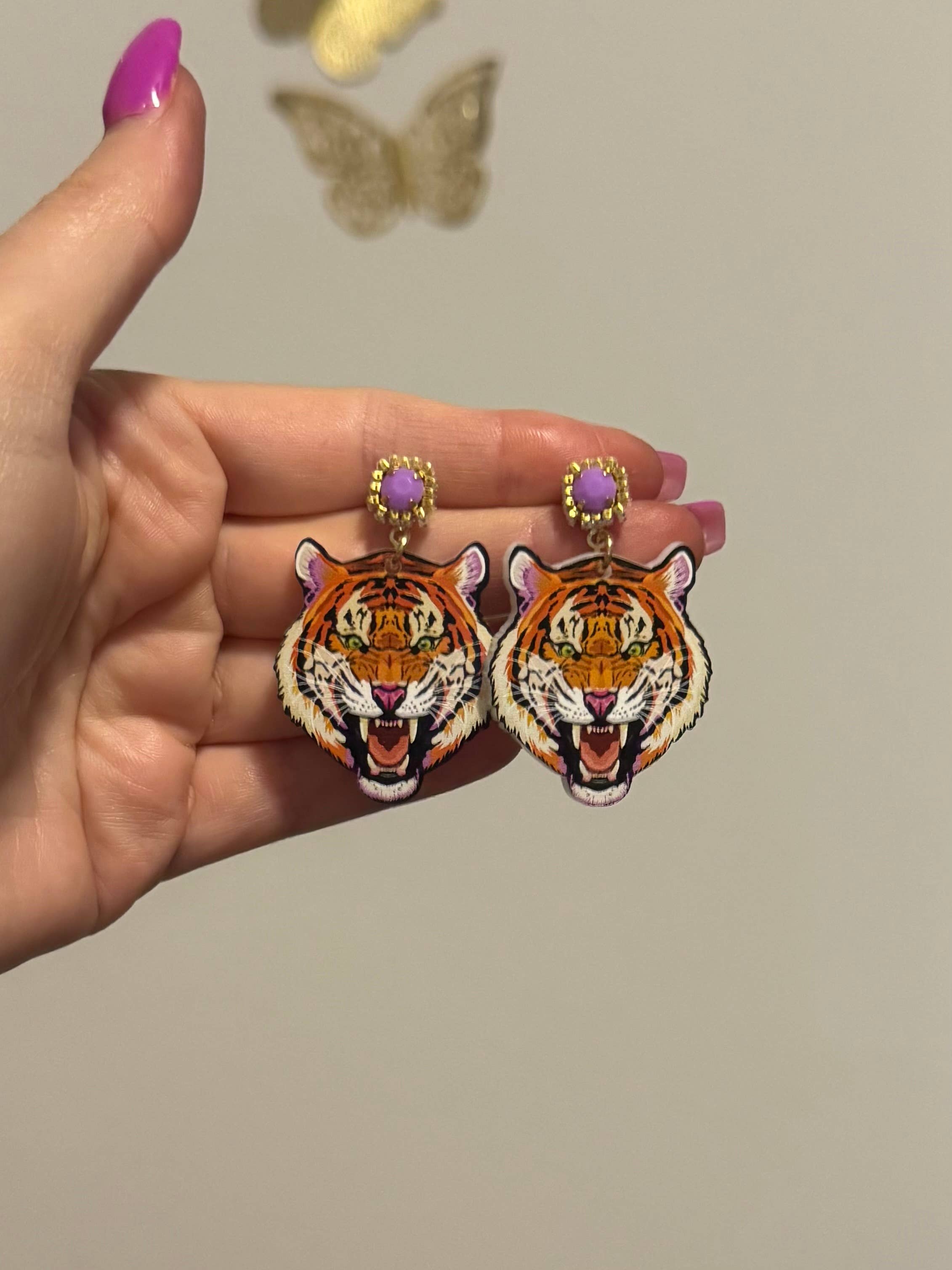 Louie Love - Wholesale Dangle Earrings - Gold Purple Acrylic Gameday LSU Tiger Face Earrings5