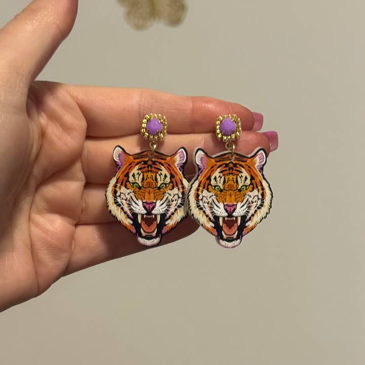 Louie Love - Wholesale Dangle Earrings - Gold Purple Acrylic Gameday LSU Tiger Face Earrings5
