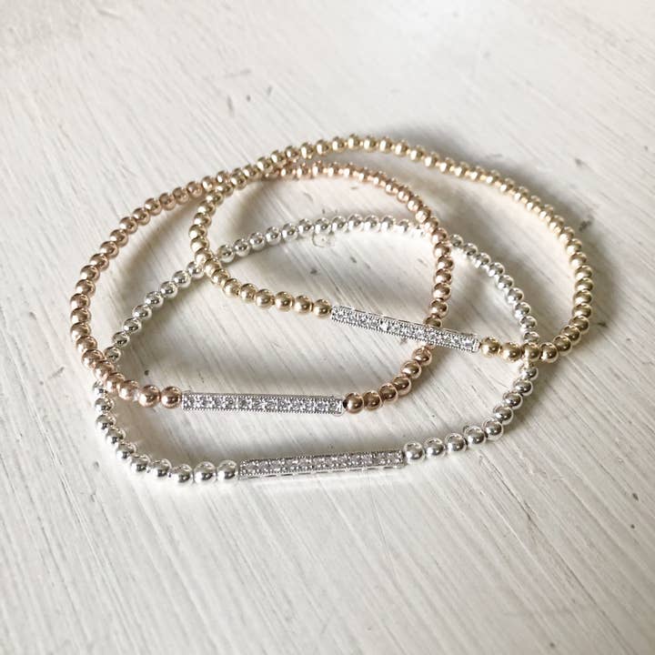 3mm pärla Stretch armband med SS/kubisk Zirconia Bar kontakt för wholesale av Kelly and Rose Boutique