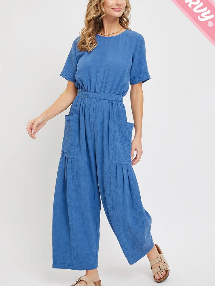 PLUS SIZE ONE-PIECE COTTON GUZE WIDE-LEG JUMPSUIT for wholesale by Sweet Lovely by Jen
