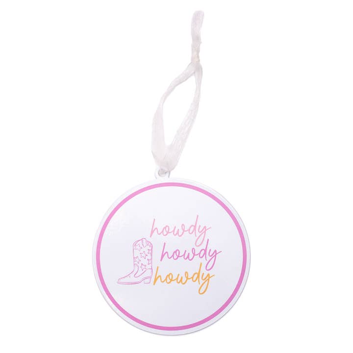 Galvanized Howdy Cowgirl Ornament White/Pink/Orange 4" for wholesale by The Royal Standard
