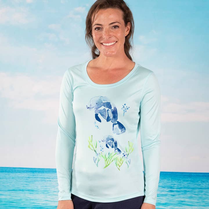 Aqua Blue "Manatee Family" UPF 50 Performance Ultra Comfort Shirt for wholesale on Faire