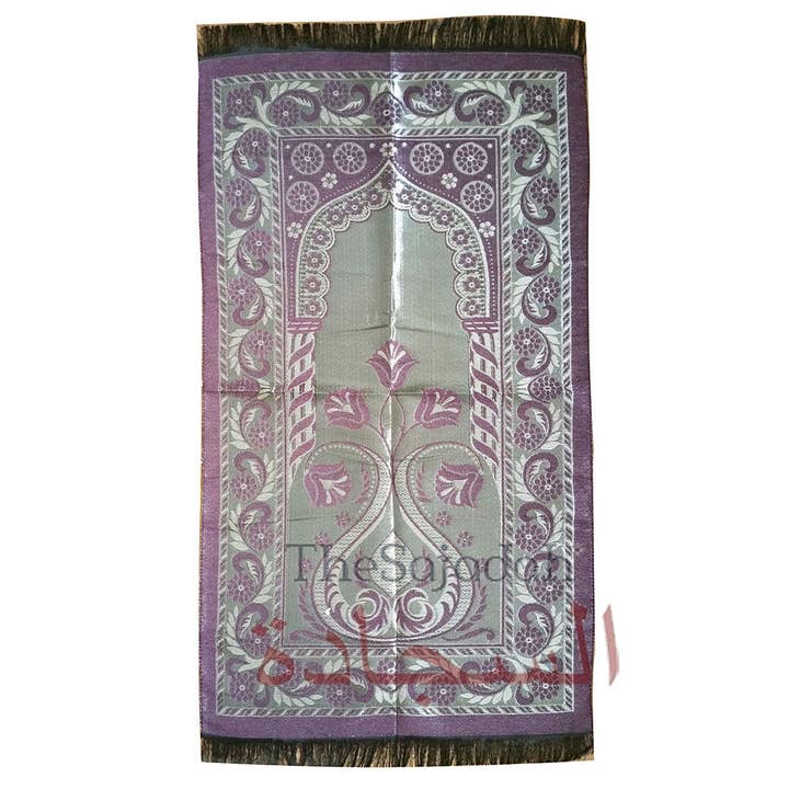 Tapis de prière violet extra fin avec fleurs et arche pointue Chrome pour la vente par IndoMode