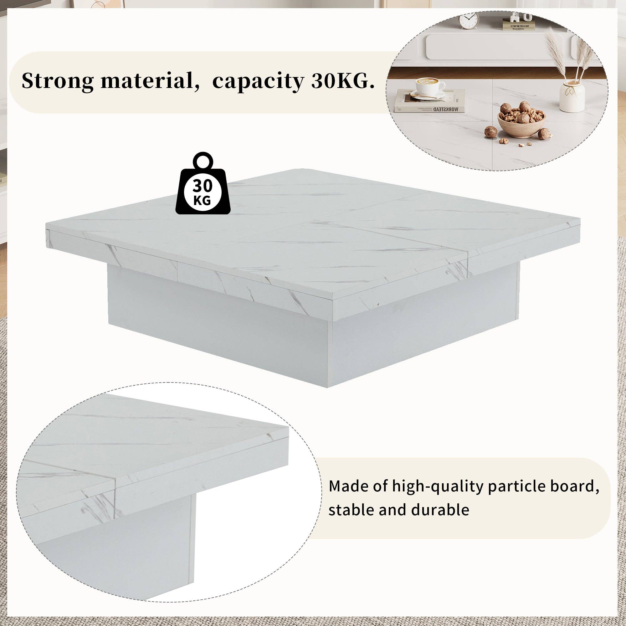 Urban Meuble - Wholesale Side Table - Modern white square coffee table with marble effect, 4 drawers, sliding top 90x90x25cm KHEKRIED16