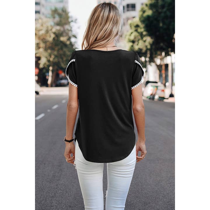 Supreme Fashion - Wholesale Blouse - Women's - Crewneck Short Sleeve Lace Trim Loose T Shirts