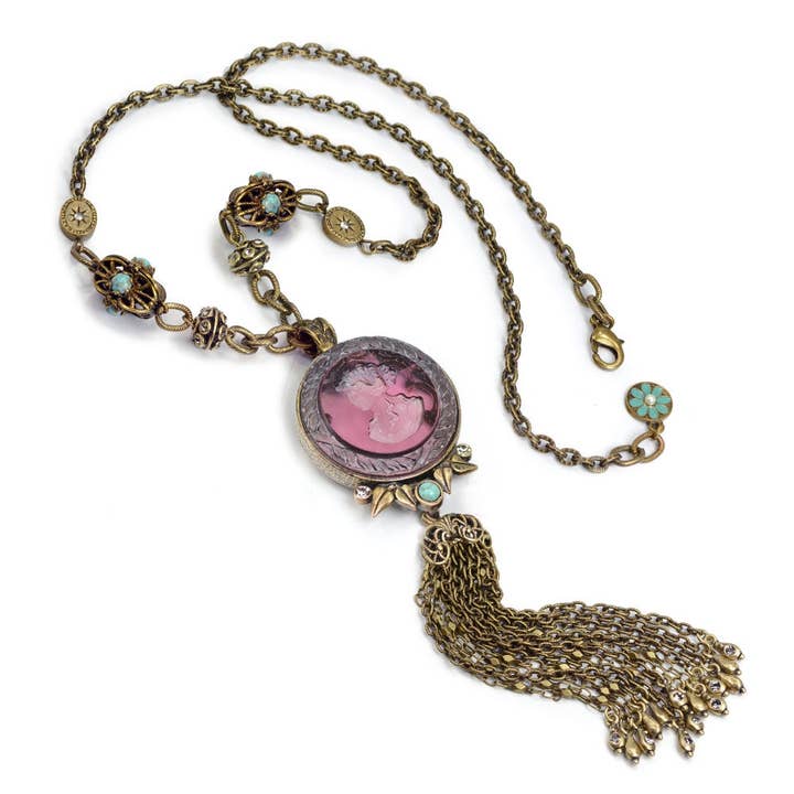 Sweet Romance Jewelry - Wholesale Pendant/Charm Necklace - Amethyst Glass Intaglio Tassel Necklace N1396