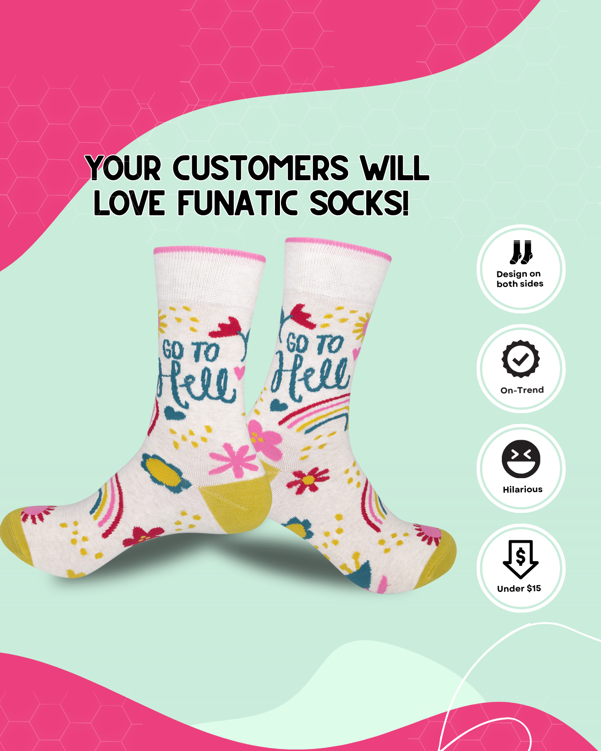 Funatic - About Face Designs - Nice Enough Merch Co – wholesale Socks – Unisex – Go To Hell Socks | Funny Unisex | Funatic3