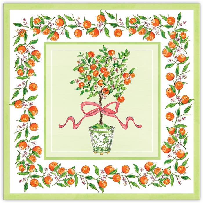 Oranje topiary in Chinoiserie Pot Square Placemat voor wholesale door RosanneBeck Collections