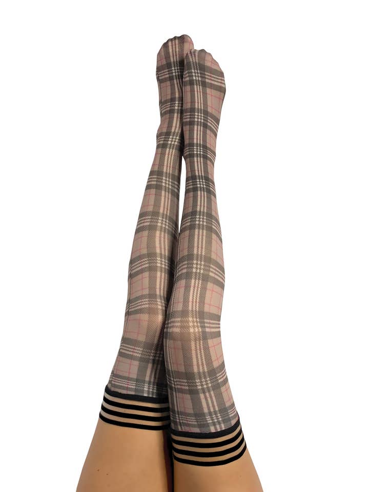Hosiery- Lori Tan & Grey Plaid Thigh-Highs Stockings for wholesale by Kix'ies