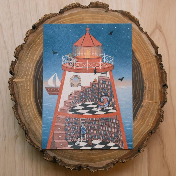 Justine Gilbuena - Wholesale Postcard - Spooky Lighthouse Bookshop Postcard Art Print