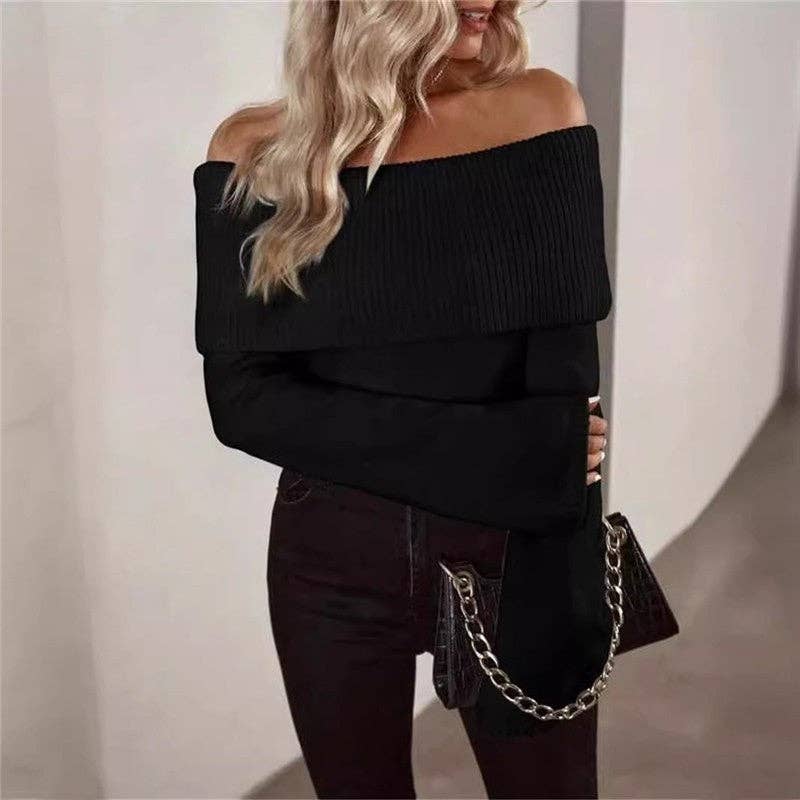 kycozy - Wholesale Knit Sweater - Women's - Offshoulder Solid Slimfit Longsleeve Sweater0