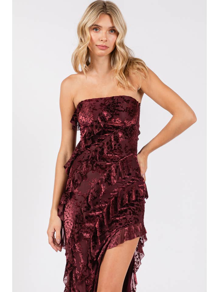 Black VID51523 - VELVET FLORAL PRINT MESH RUFFLED LONG DRESS for wholesale on Faire6