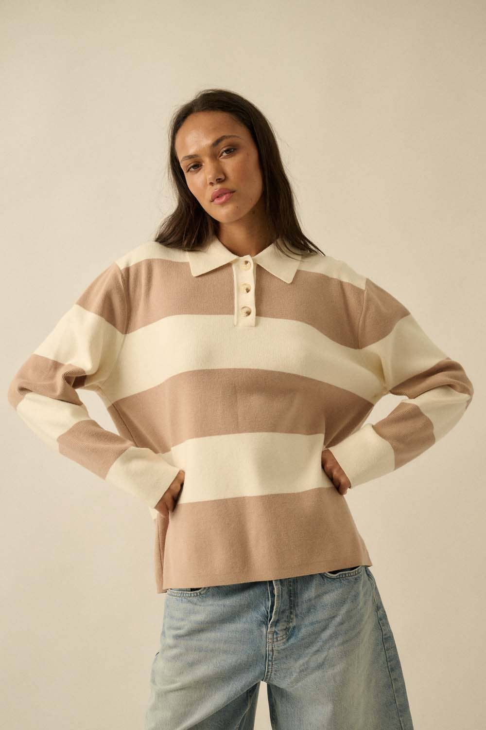 Promesa USA - Wholesale Knit Sweater - Women's - Striped Ribbed Knit Collared Rugby Sweater5