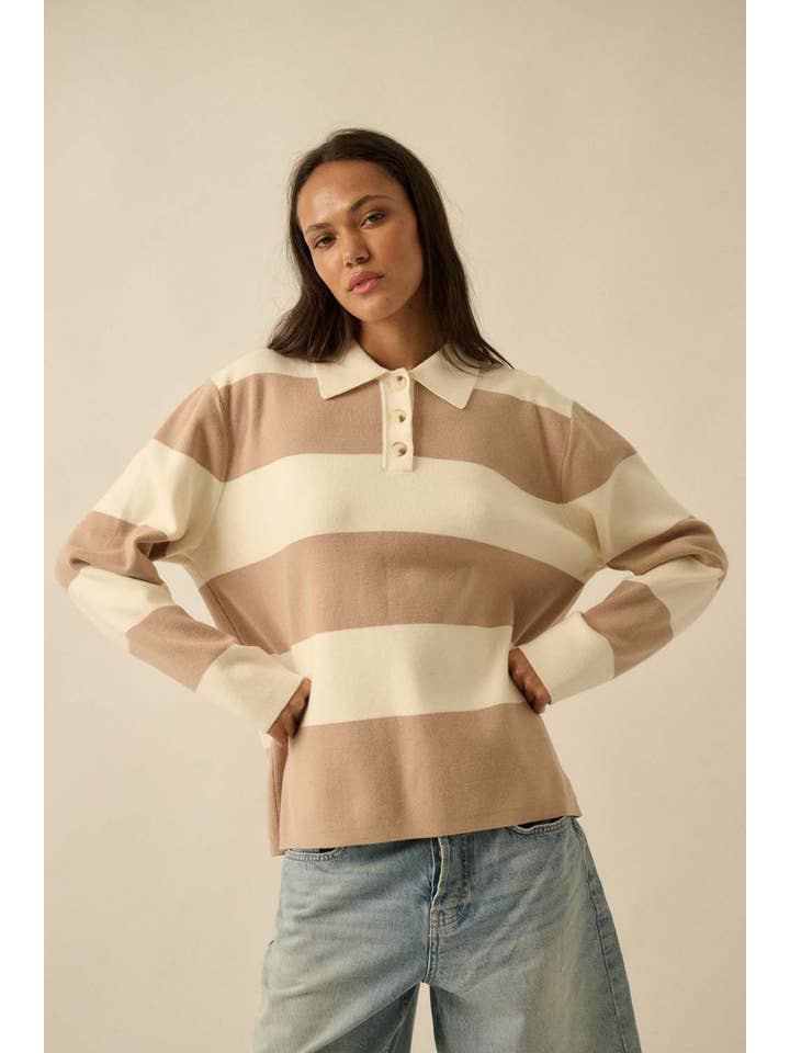 Promesa USA - Wholesale Knit Sweater - Women's - Striped Ribbed Knit Collared Rugby Sweater5