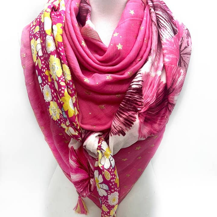LINETA - Wholesale Scarf - Women's - GC-13 Large square patchwork scarf with tassel2