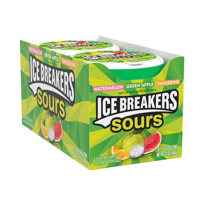 Ice Breakers Tins Sours Watermel Green Apple 1.3 oz 8 count for wholesale by Snacky Candy