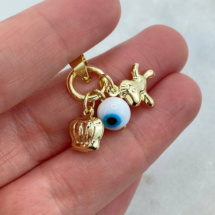 Luxus Accessories - Wholesale Individual charm/pendant - 18k Gold Filled Protection Amulet with Playful Horse, Evil Eye and Crown Charm, Protection against the Evil Eye Charm1